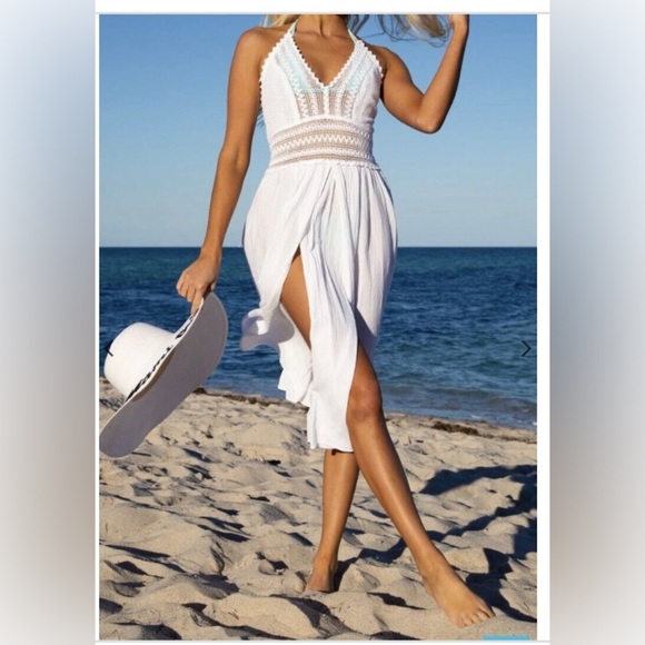 White crochet halter top high slit elastic back gauze cotton dress size medium - Picture 1 of 16